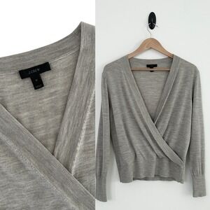 J. Crew Size Medium Gray Oatmeal V-Neck Long Sleeve 100% Merino Wool Sweater Top
